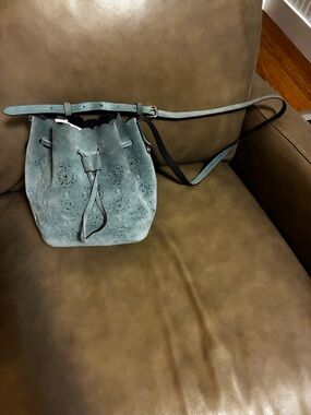 Coach Drawstring 18 Tea Rose Teal Suede Bucket Bag